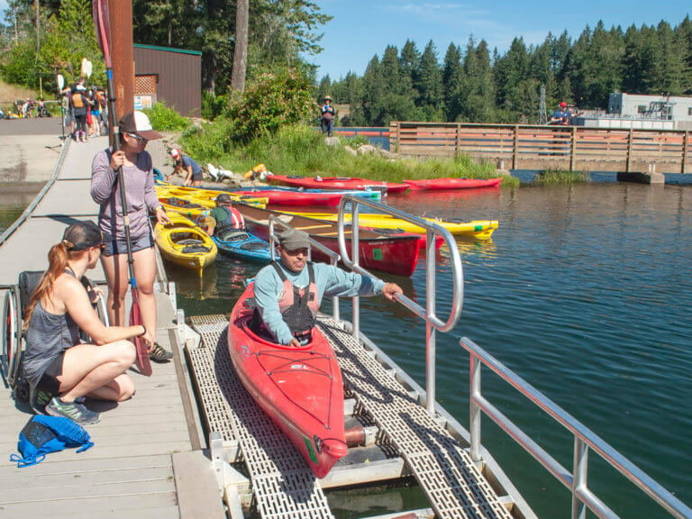 Kayaker using the accessible Kayak Launch at Milo McIver State Park