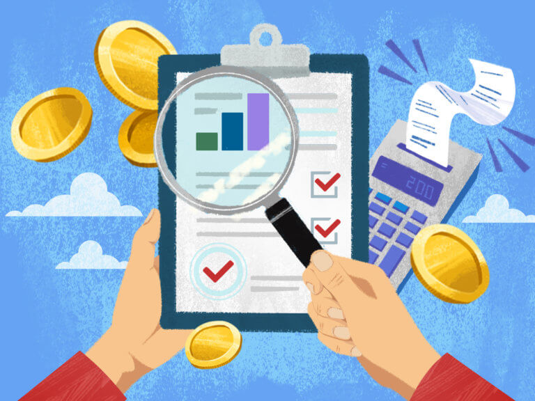 illustration of hands holding a clipboard with charts, with a calculator and coins floating in the ether