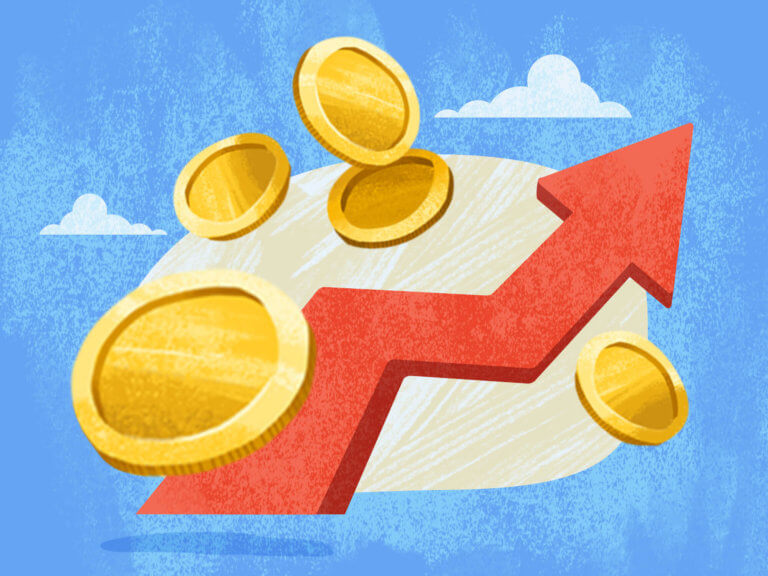 An arrow heading upward over illustration of coins